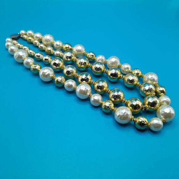 Mid-Century Two Strand Large Bead Necklace, Faux Pearls, Gold Globe Beads, 18 In - Picture 6 of 11